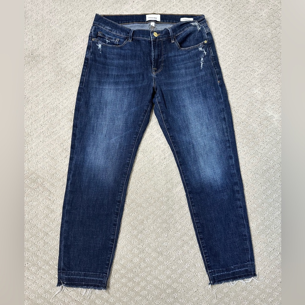 Sz 27 Frame Jeans Le Garçon Crop dark wash raw hem stretch